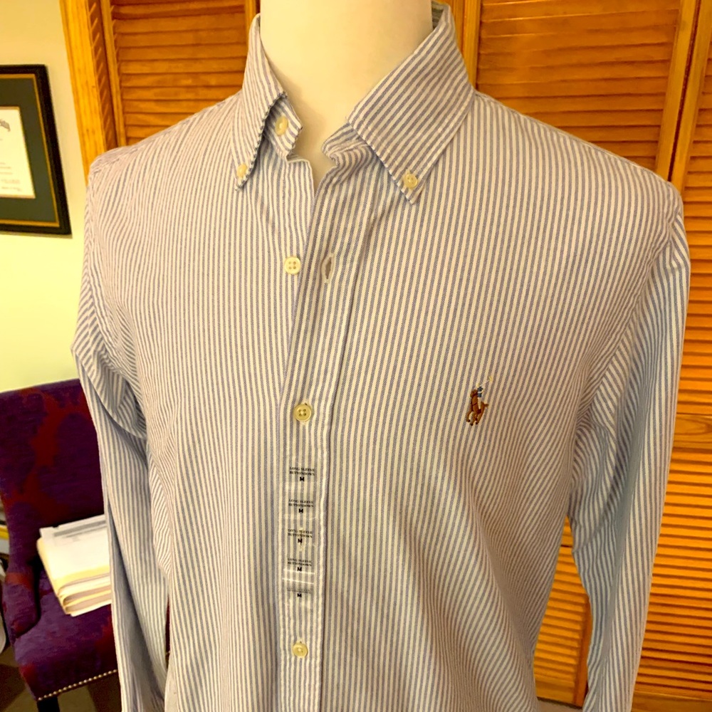 NWT RALPH LUAREN POLO Blue and White striped Oxford shirt.
